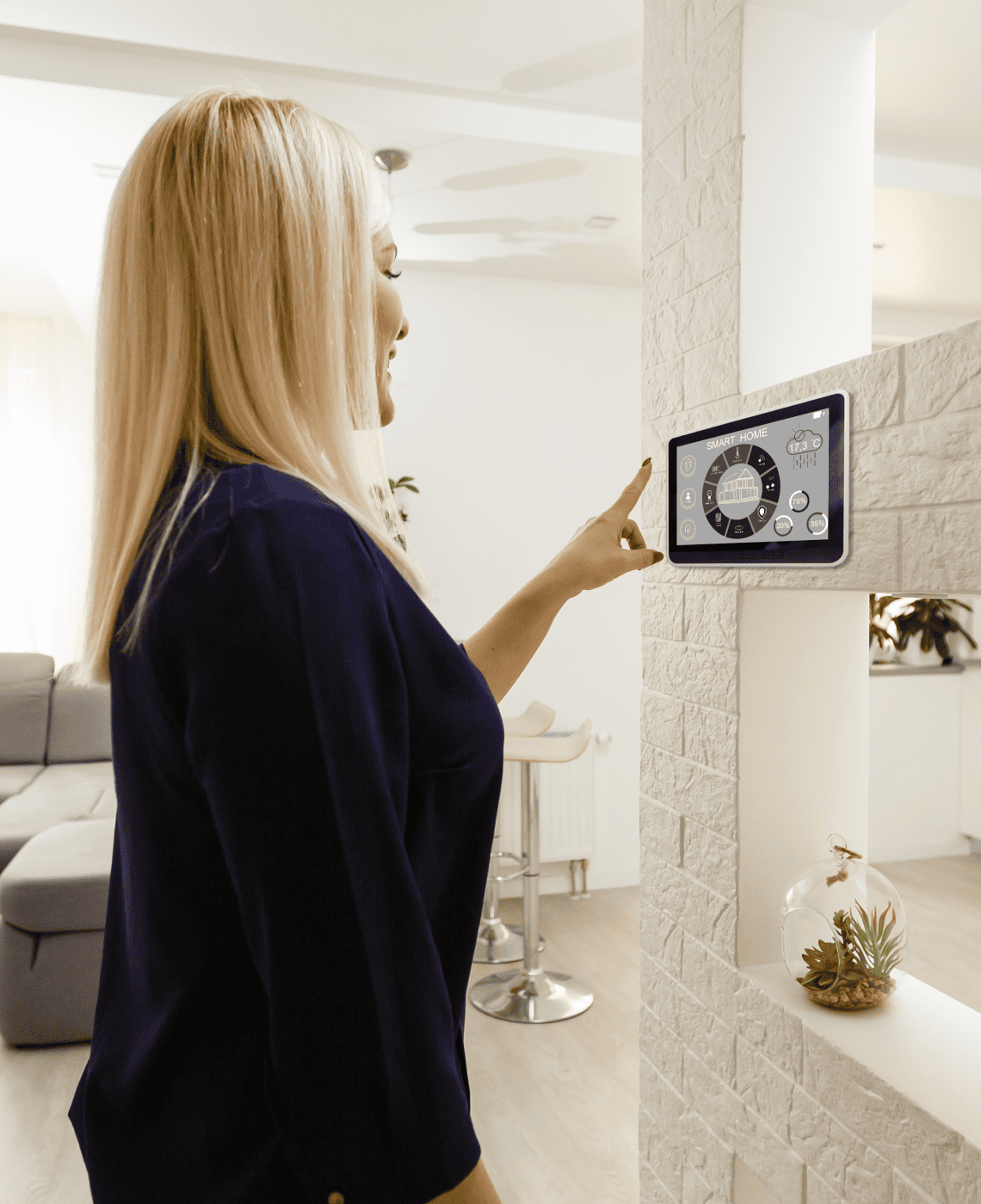 smart-house-nice-joyful-woman-looking-sensory-panel-while-pressing-it