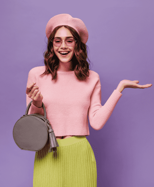joyful-parisian-woman-beret-sunglasses-points-place-text-purple-wall 1
